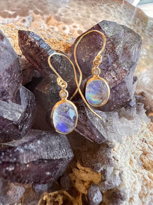 Hand made Oval  Faceted Glowing Moonstone and Diamond Drop Earrings