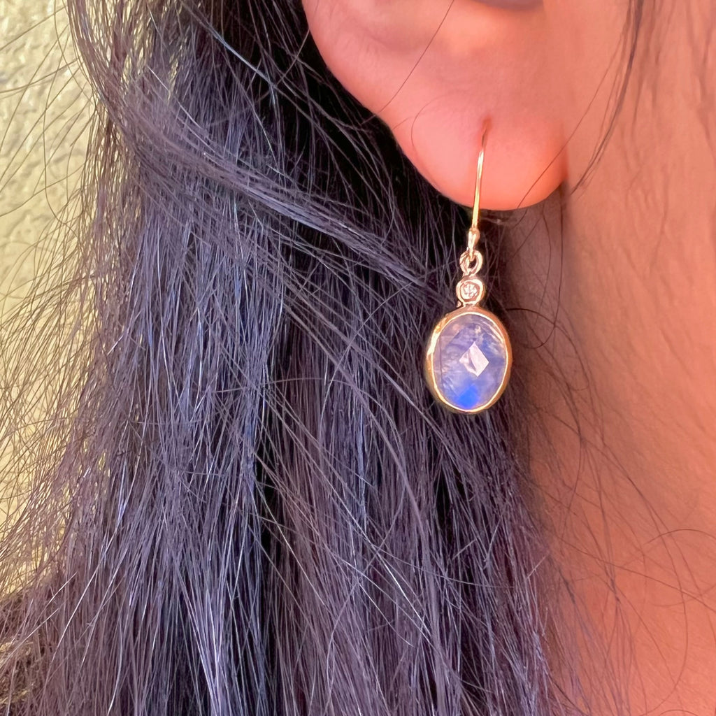 Hand made Oval  Faceted Glowing Moonstone and Diamond Drop Earrings