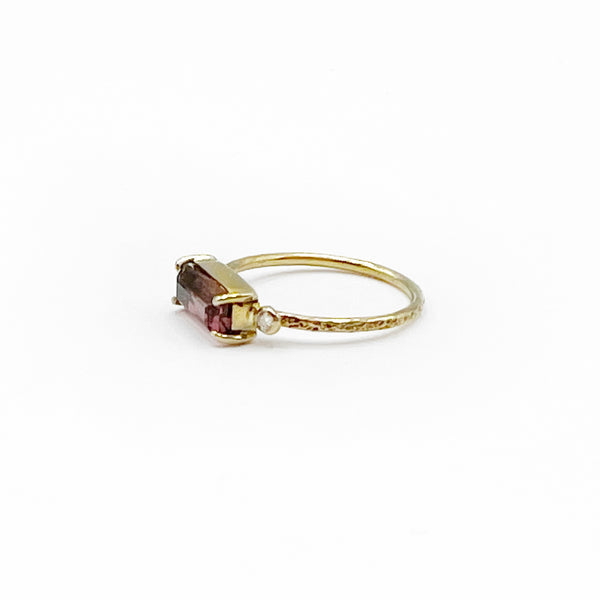 14 Karat Yellow Gold Pink Tourmaline and Diamond Hammered Ring