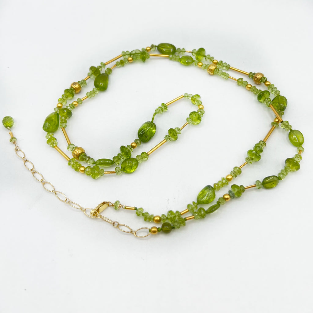Peridot and Golden Beads Long Necklace
