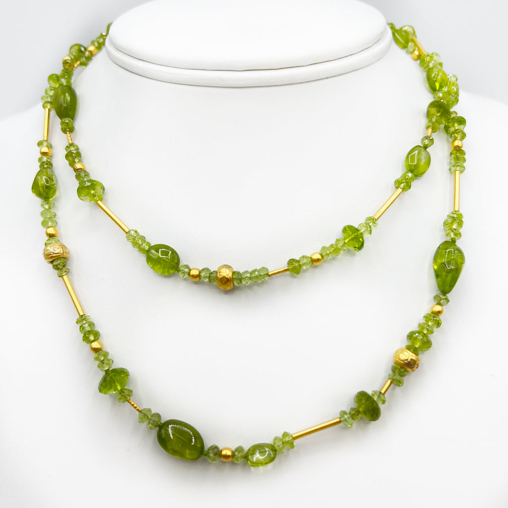 Peridot and Golden Beads Long Necklace