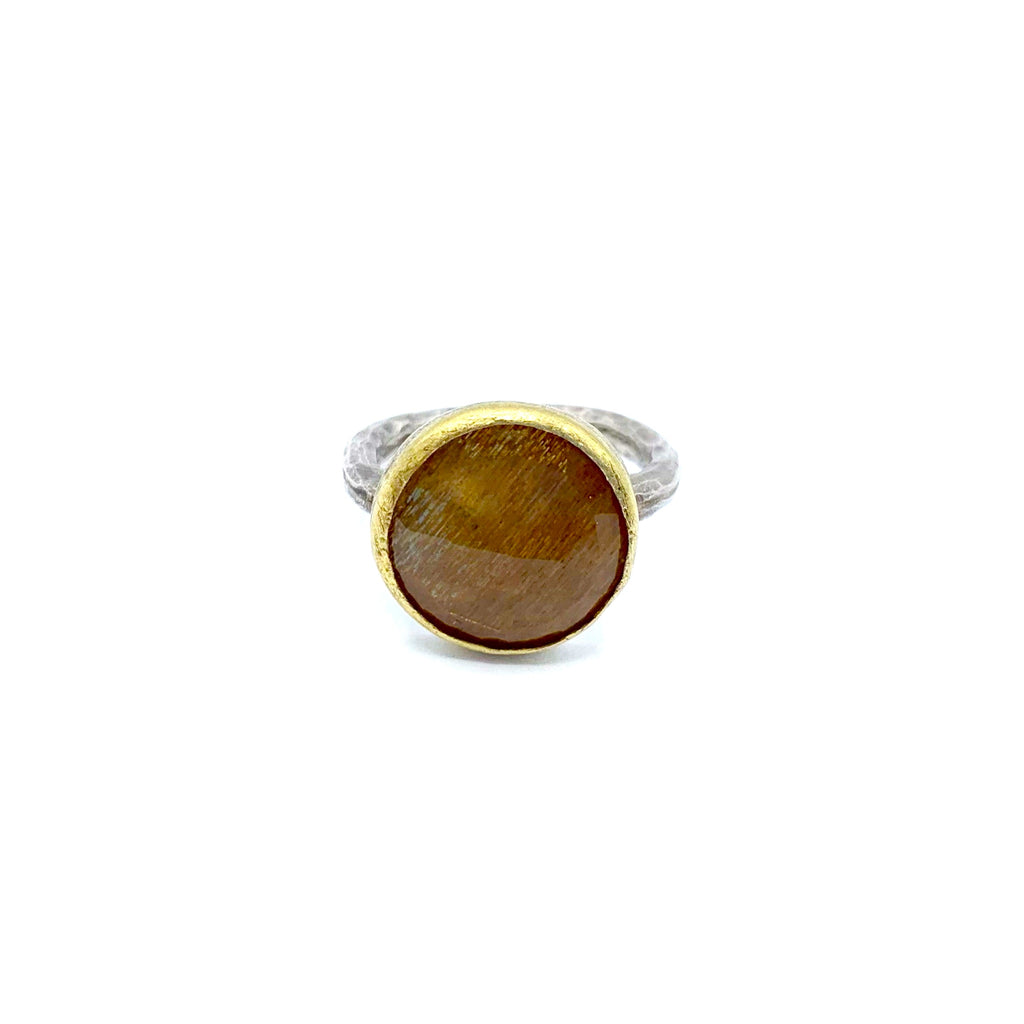 Dark Pink Feldspar set in Bright Gold