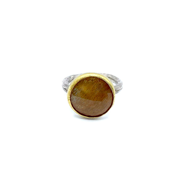 Dark Pink Feldspar set in Bright Gold