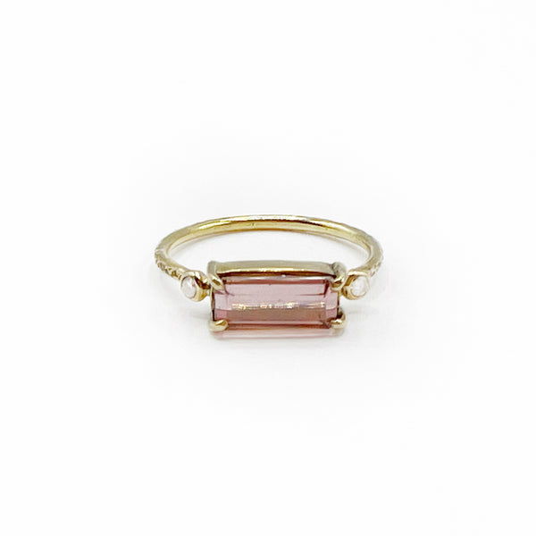 14 Karat Yellow Gold Pink Tourmaline and Diamond Hammered Ring