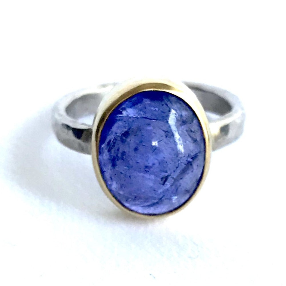 Large Oval Tanzanite Ring in 14K Yellow Gold and Sterling Silver
