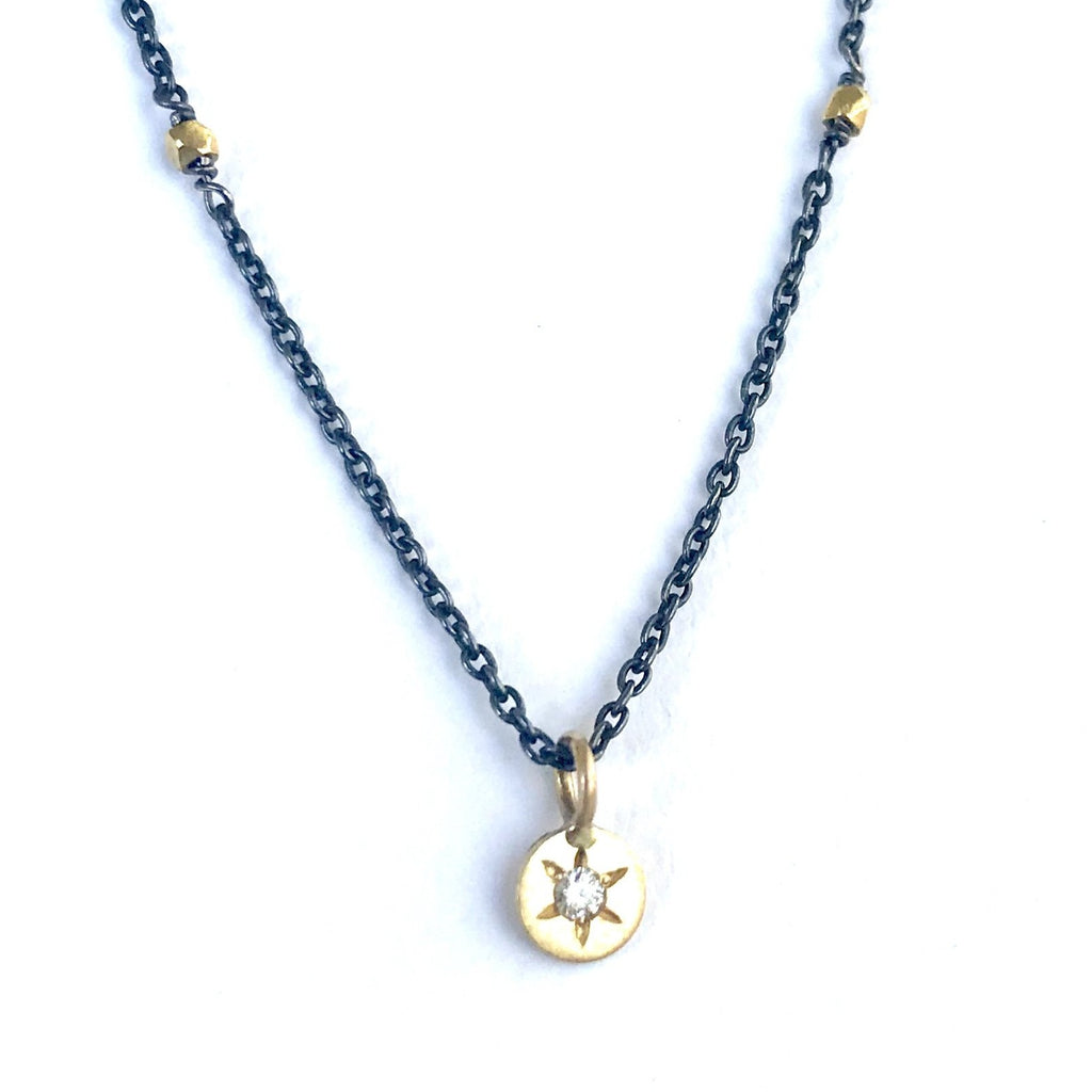 Diamond Star Necklace On An Oxidized Sterling Silver Chain,18 Karat gold beads