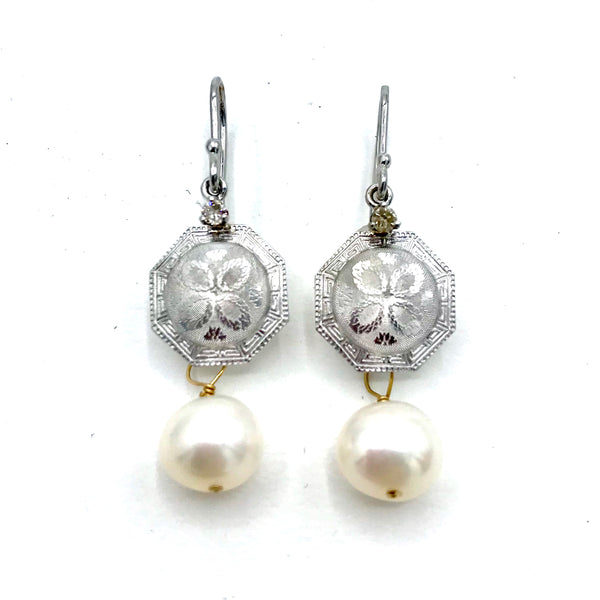 Engraved White Gold and Pearl Earrings w/ Diamonds