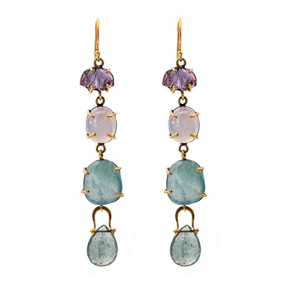Drop Earrings with Carved Tourmaline and a Rainbow of Color