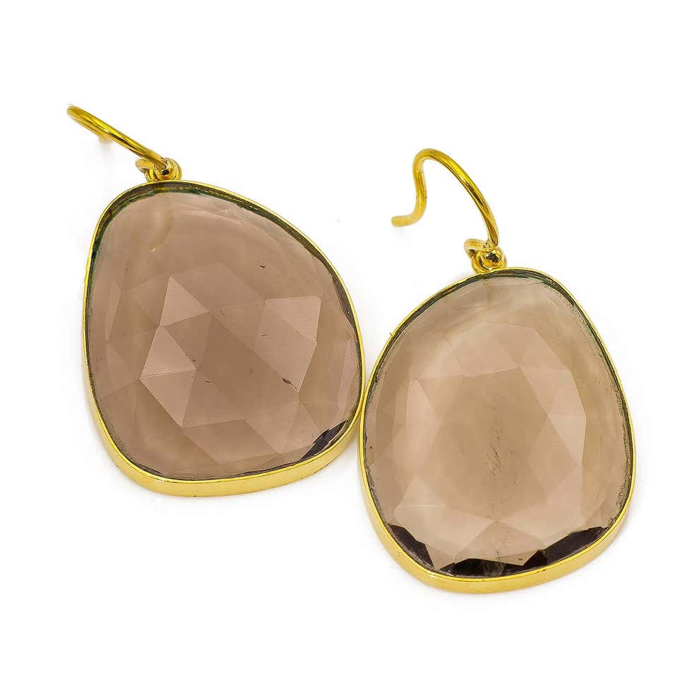 Smokey Topaz Rose Cut Stones Set in 18 Karat Gold Earrings