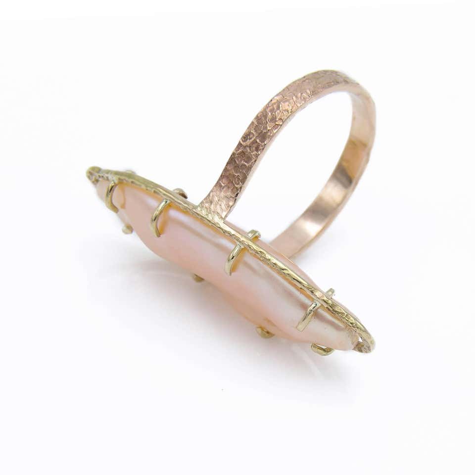 Peach Freshwater Pearl Two Color Gold Ring