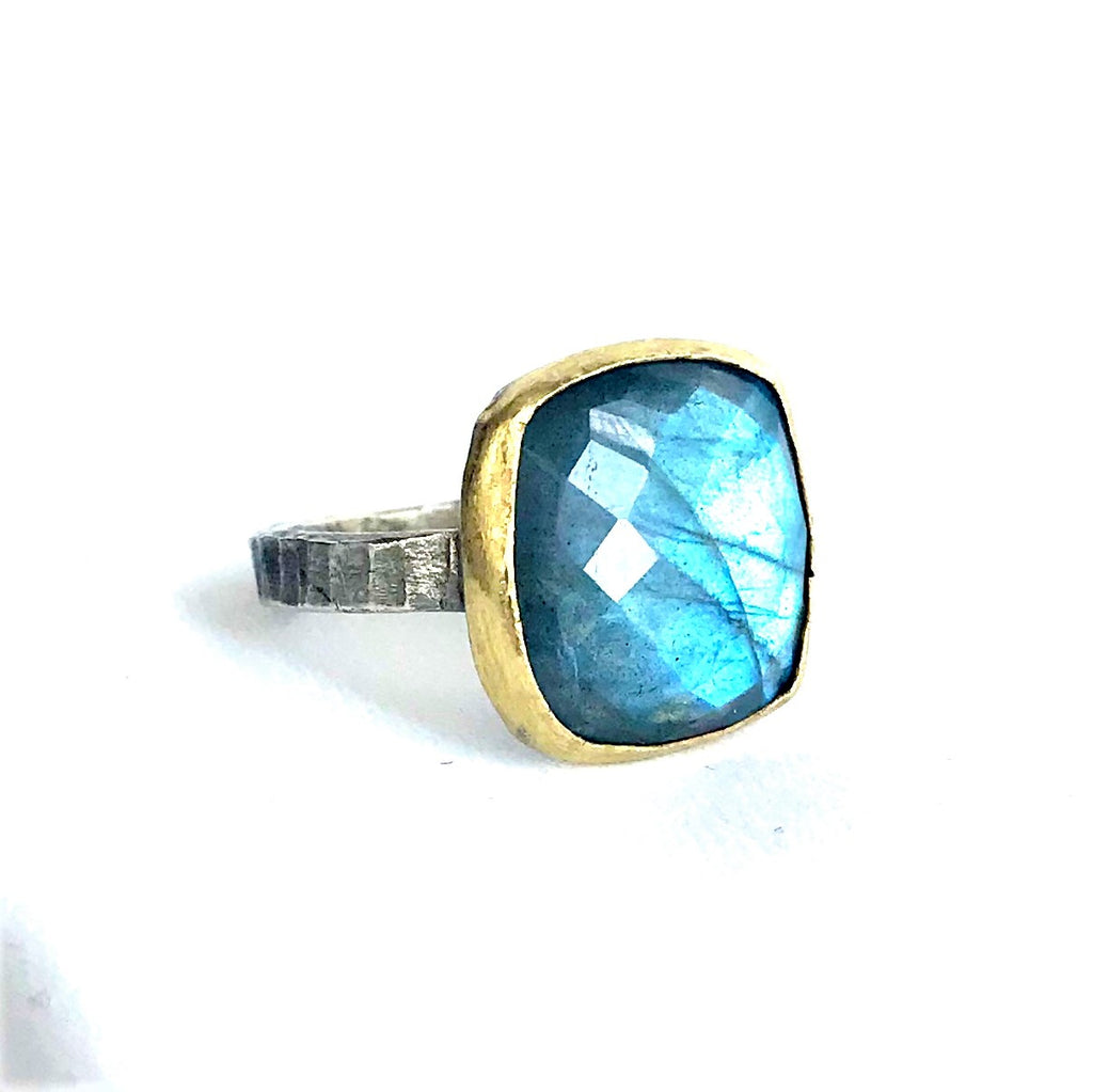 Large Faceted Cushion Labradorite Ring w/ 14k Gold Bezel & Oxidized Sterling Silver Band