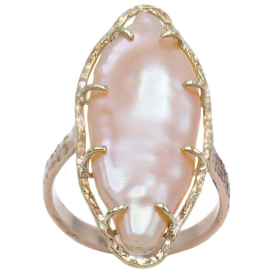 Peach Freshwater Pearl Two Color Gold Ring