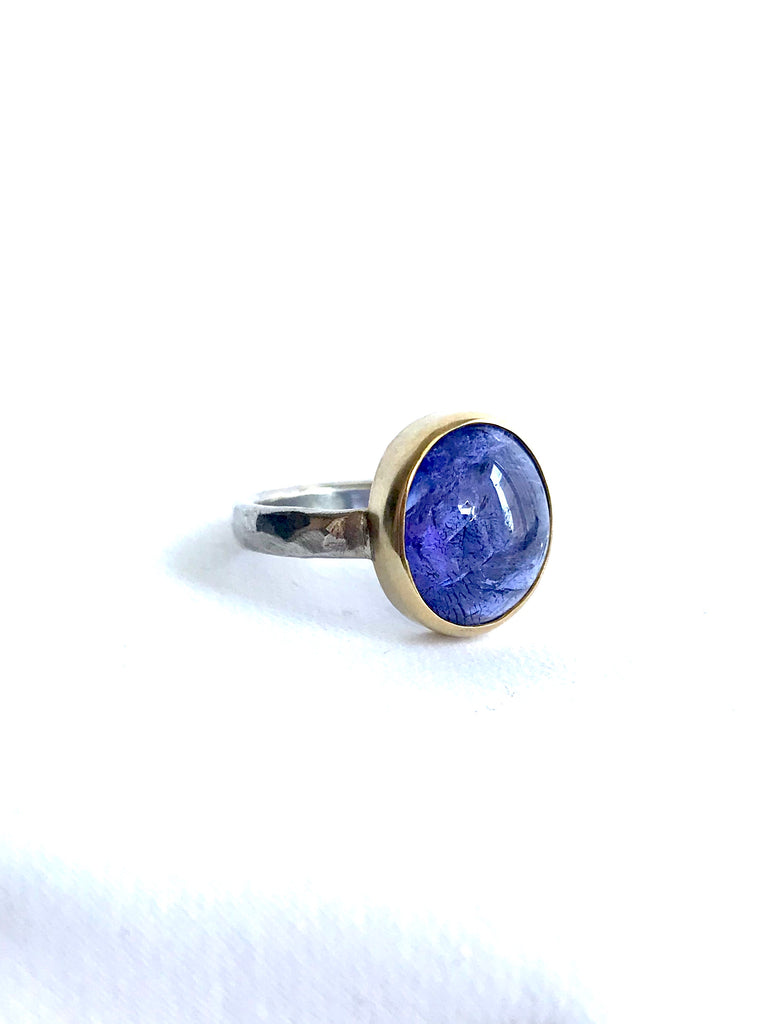 Large Oval Tanzanite Ring in 14K Yellow Gold and Sterling Silver