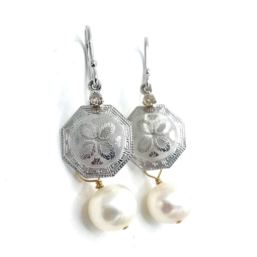 Engraved White Gold and Pearl Earrings w/ Diamonds