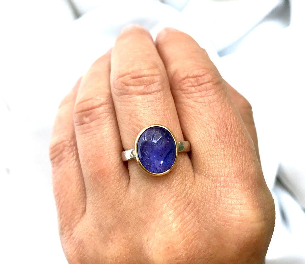 Large Oval Tanzanite Ring in 14K Yellow Gold and Sterling Silver