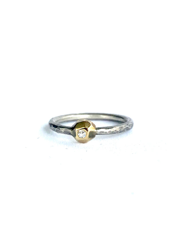 Diamond Ring W/ Geometric Gold Bezel and Silver Band