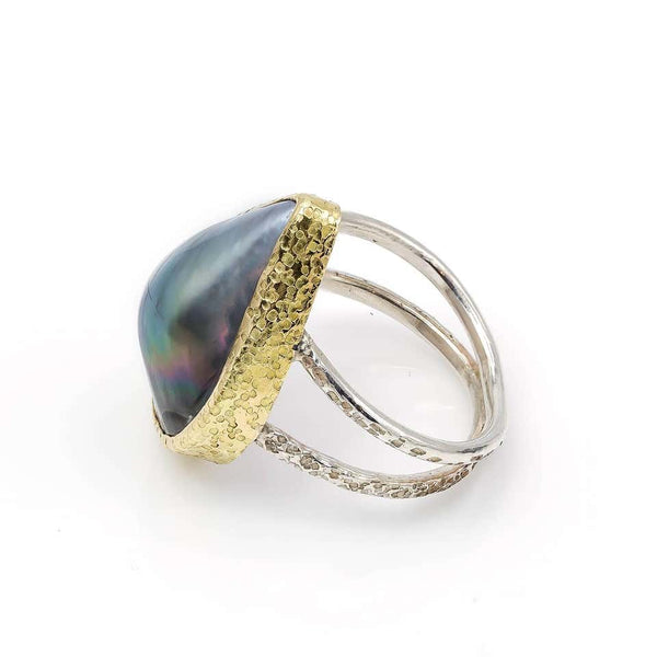 Black Mabe Peal Ring Tear Shaped in Gold and Sterling Silver