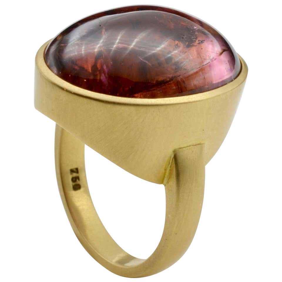 Large Cabochon Rubelite Tourmaline and 18 Karat Gold Ring