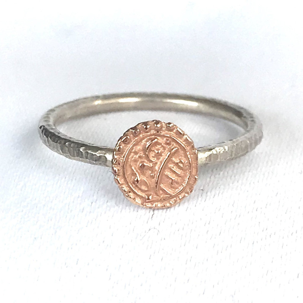 Rose Gold Wedding Coin Ring w/ Sterling Silver Band
