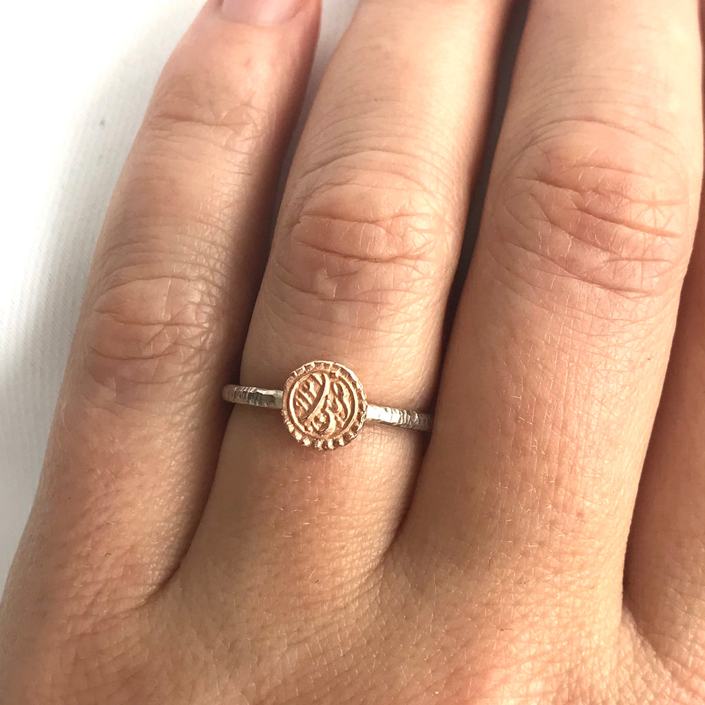Rose Gold Wedding Coin Ring w/ Sterling Silver Band