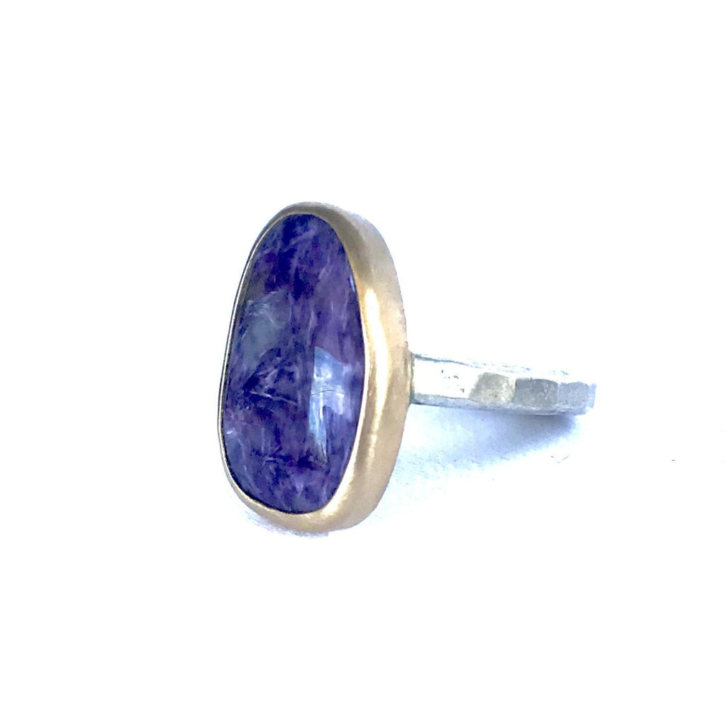 Large Amethyst Matrix Ring in Gold Bezel and Hammered Silver Band