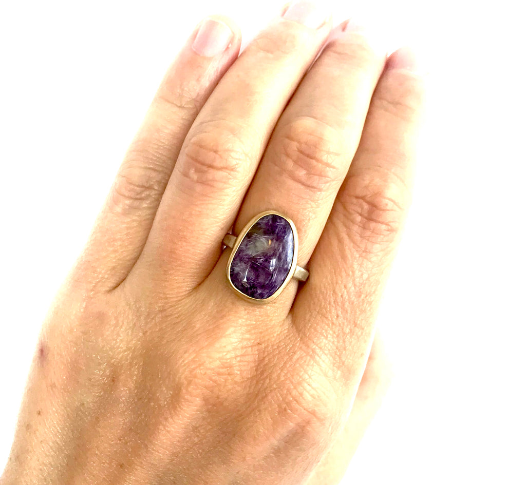 Large Amethyst Matrix Ring in Gold Bezel and Hammered Silver Band