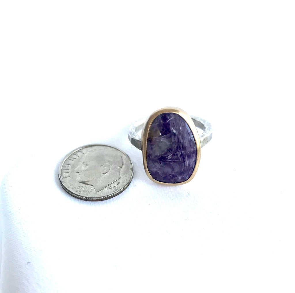 Large Amethyst Matrix Ring in Gold Bezel and Hammered Silver Band