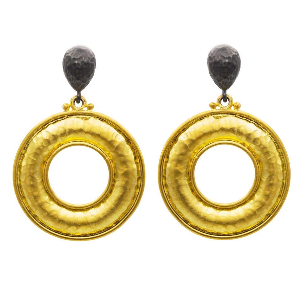 Two-Toned Oxidized Sterling Silver and Thick Gold Vermeil Drop Hoop Earrings