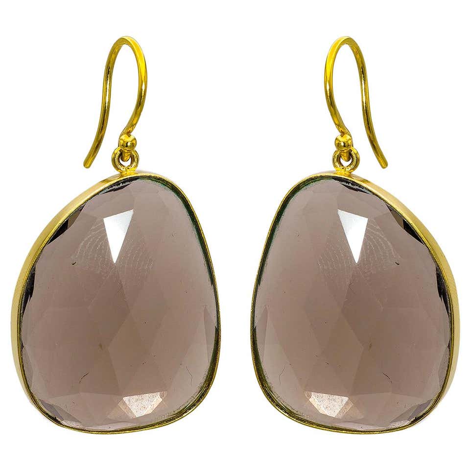 Smokey Topaz Rose Cut Stones Set in 18 Karat Gold Earrings