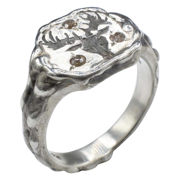 Men’s Signet Ring Deer Head Diamond Brown Rose Cut Sterling Silver Ring