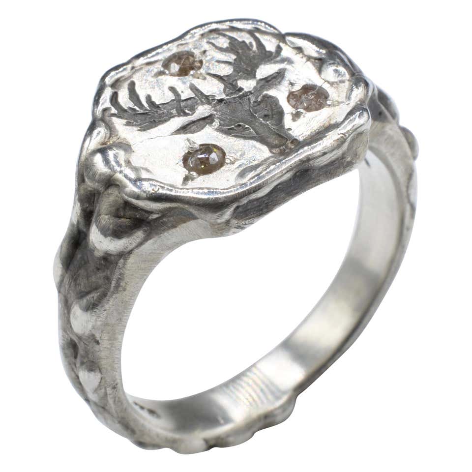 Men’s Signet Ring Deer Head Diamond Brown Rose Cut Sterling Silver Ring