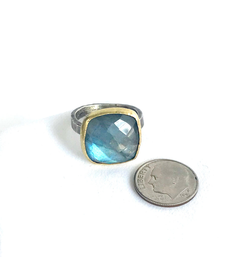 Large Faceted Cushion Labradorite Ring w/ 14k Gold Bezel & Oxidized Sterling Silver Band