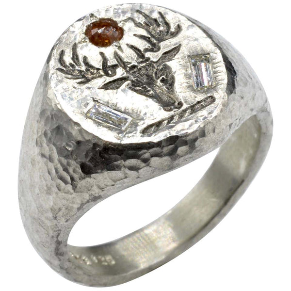 Deer Head Signet Diamond Baguette Rose Cut Sterling Silver Hammer Texture Ring