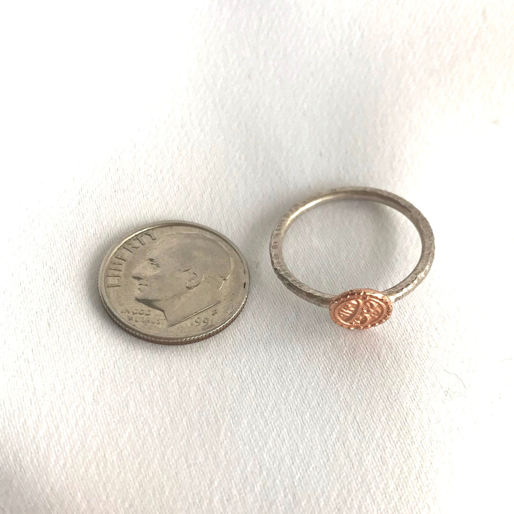 Rose Gold Wedding Coin Ring w/ Sterling Silver Band