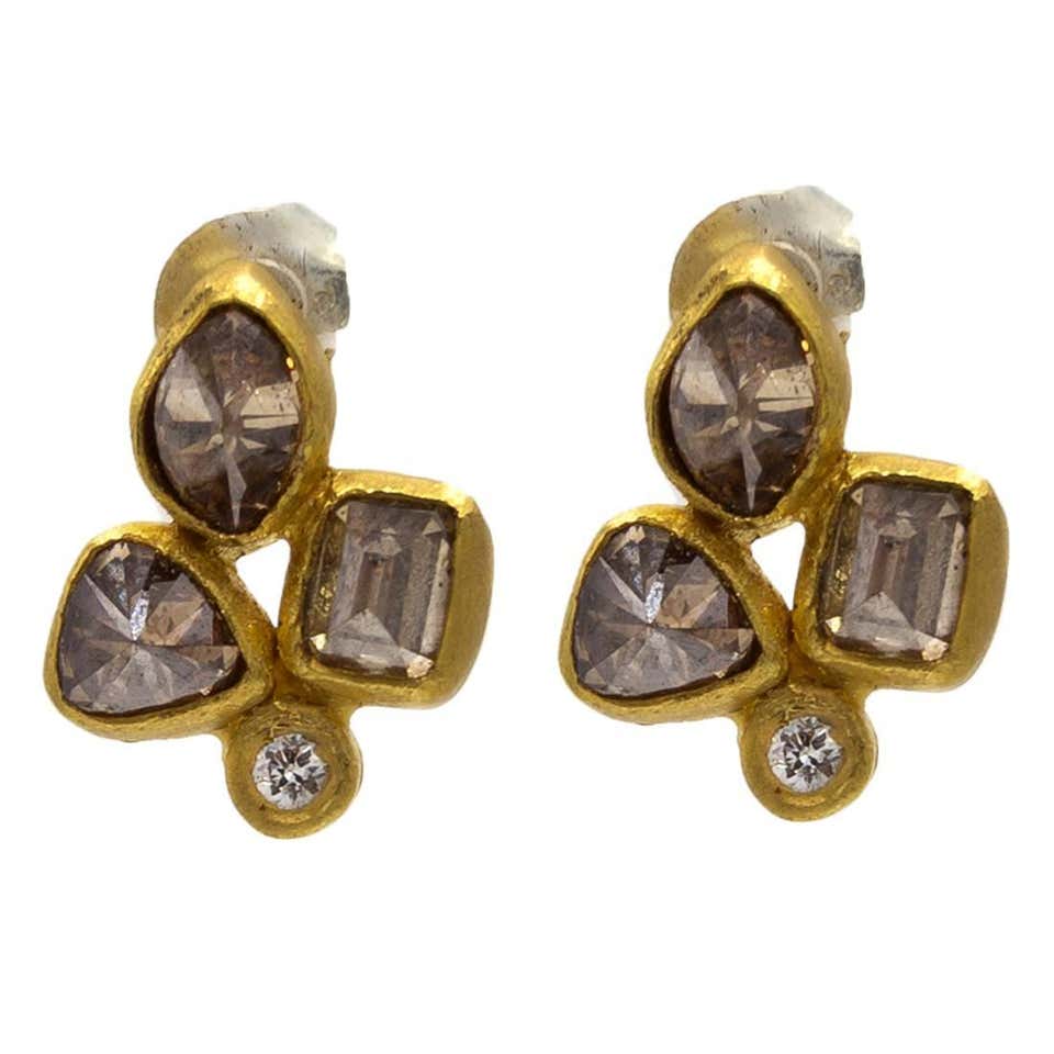 Chocolat Cognac Diamond Gold Stud Earrings in an Organic Fleur-de-Lys Design