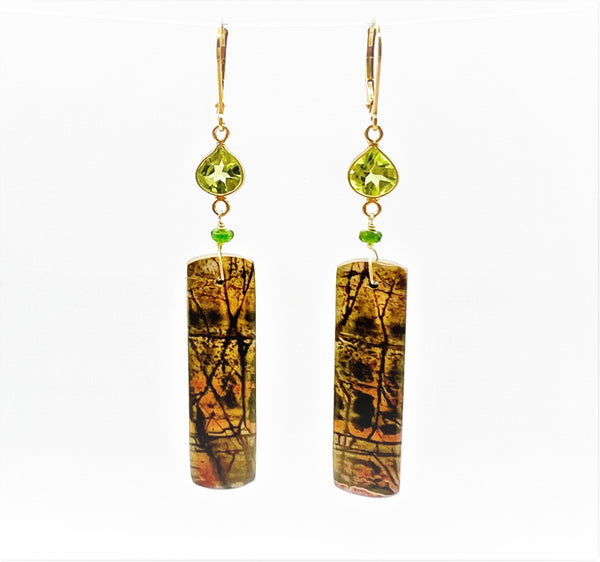 Agate Rectangles and Peridot Bezel Set on Gold Filled Wire Earrings