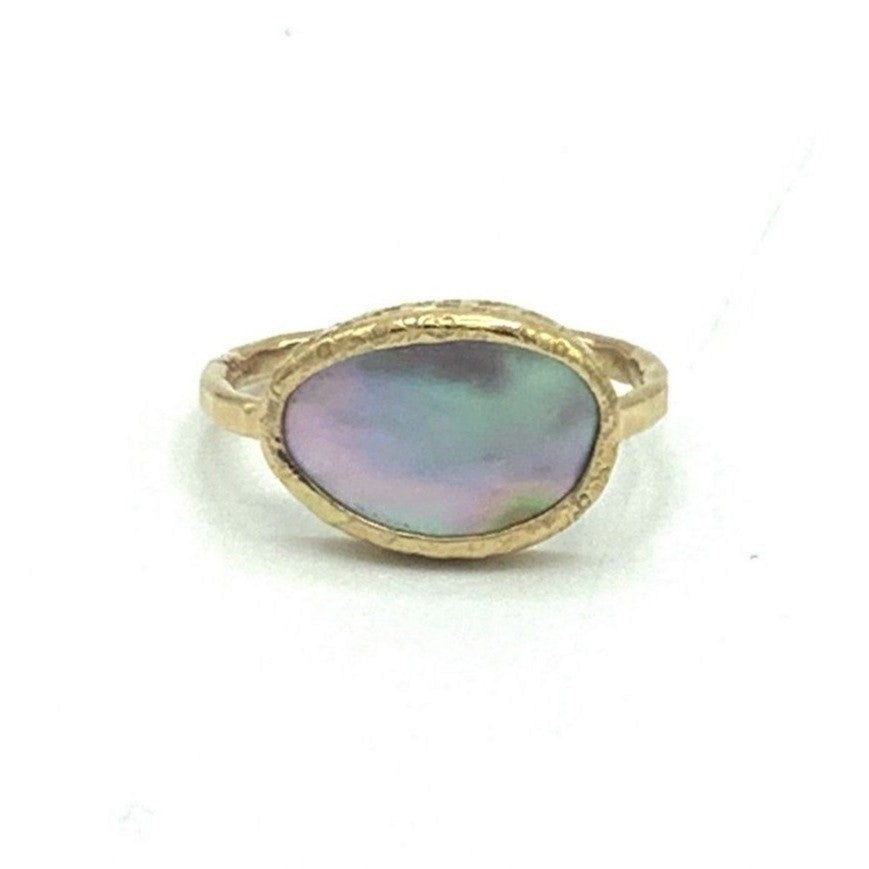 Ring 14 Karat Gold Hammered Finish With Abalone Pearl