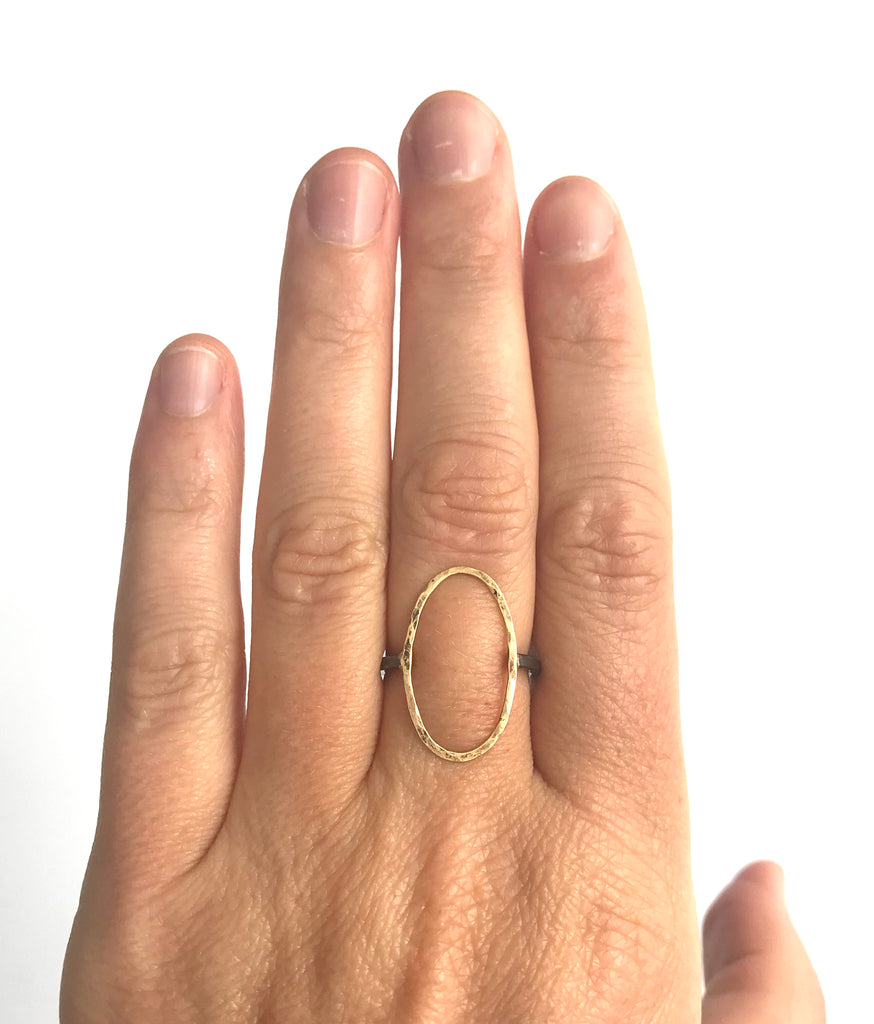 Gold Hammered 0 Ring with Oxidized Sterling Silver Band