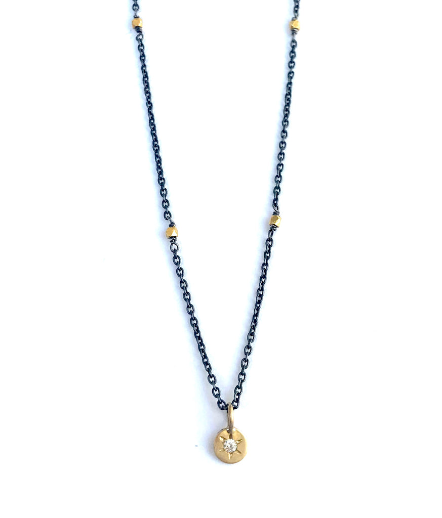 Diamond Star Necklace On An Oxidized Sterling Silver Chain,18 Karat gold beads