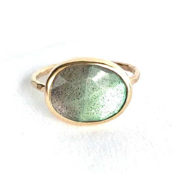 Speckled Oval Labradorite Ring Set In 14K Yellow Gold Ring