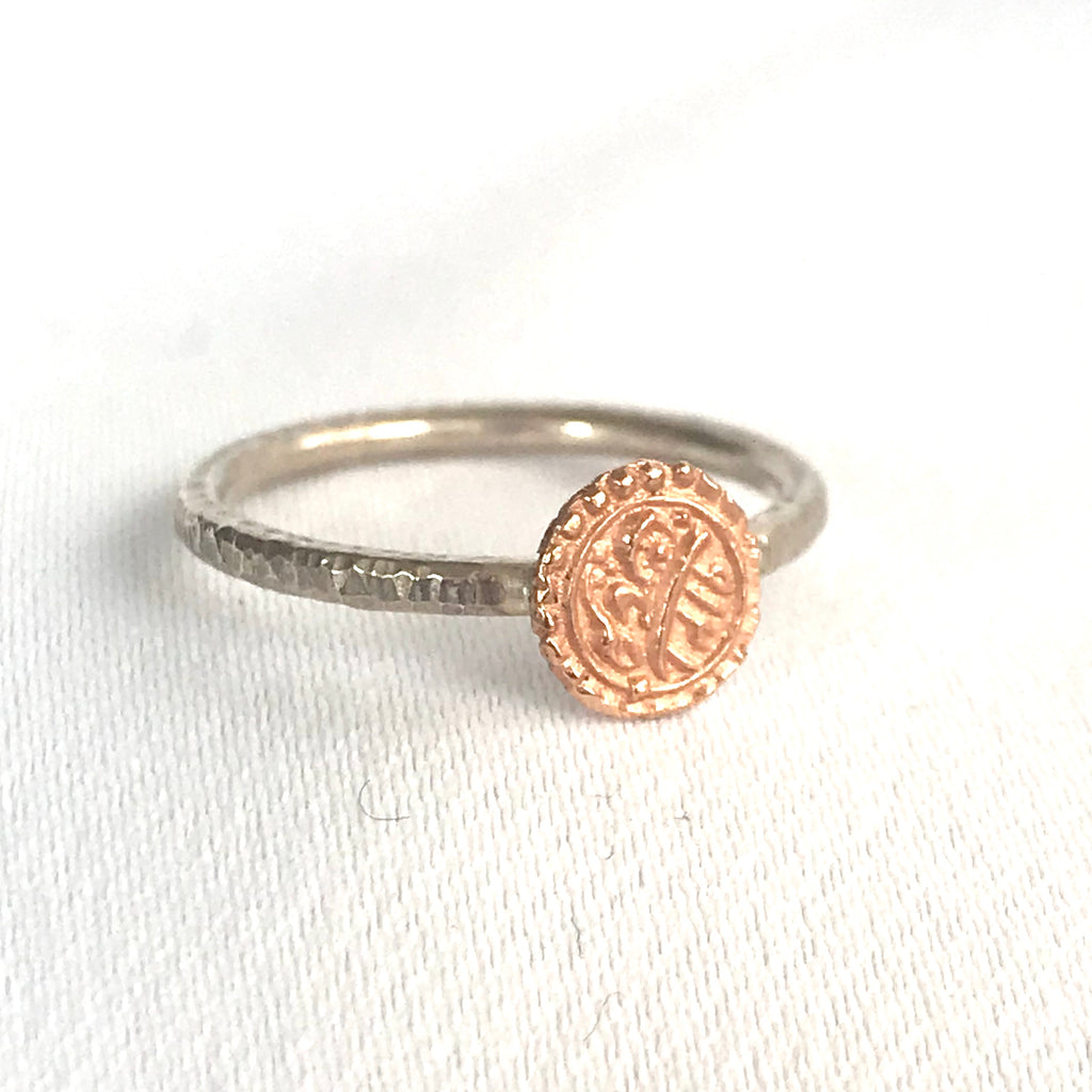 Rose Gold Wedding Coin Ring w/ Sterling Silver Band