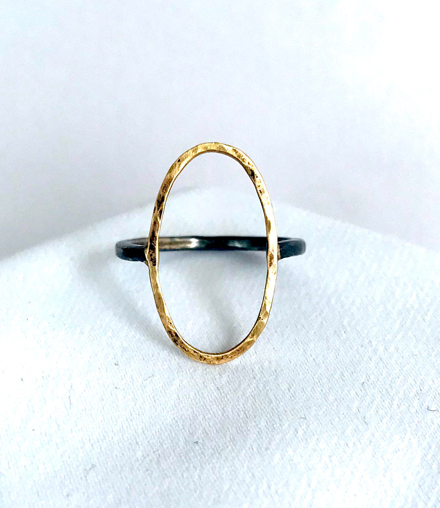 Gold Hammered 0 Ring with Oxidized Sterling Silver Band