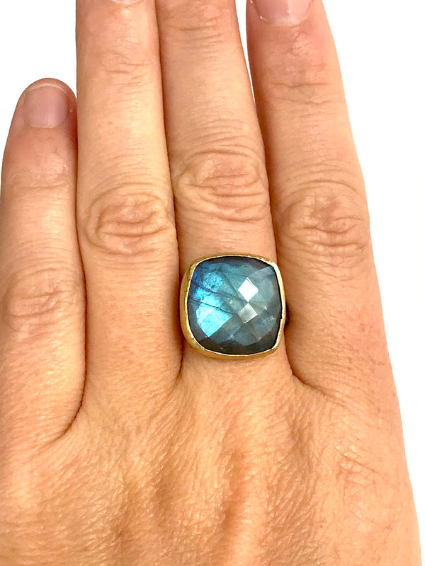 Large Faceted Cushion Labradorite Ring w/ 14k Gold Bezel & Oxidized Sterling Silver Band