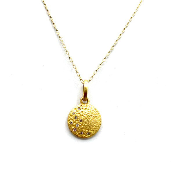 Gold Textured Diamond Pave Crescent Moon Pendant