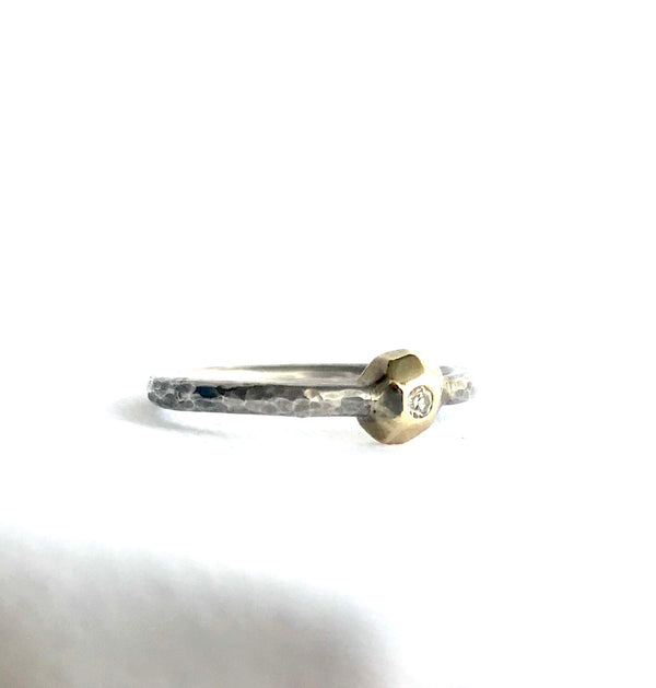 Diamond Ring W/ Geometric Gold Bezel and Silver Band