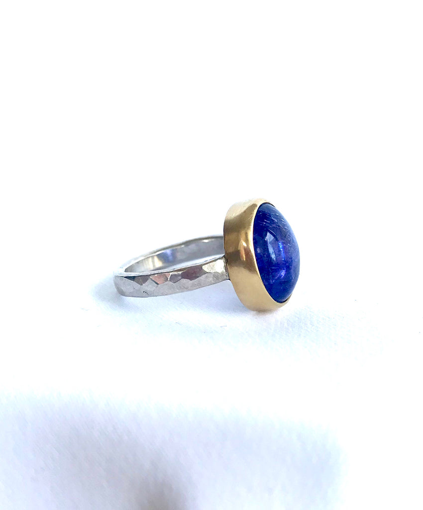 Large Oval Tanzanite Ring in 14K Yellow Gold and Sterling Silver