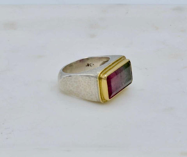 Rainbow Tourmaline in a Modern set in Gold and Silver