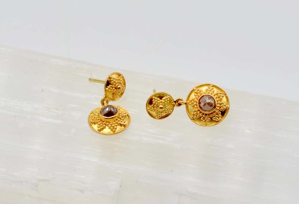 Chocolate Diamond 22 Karat Gold Granulated Style Earrings