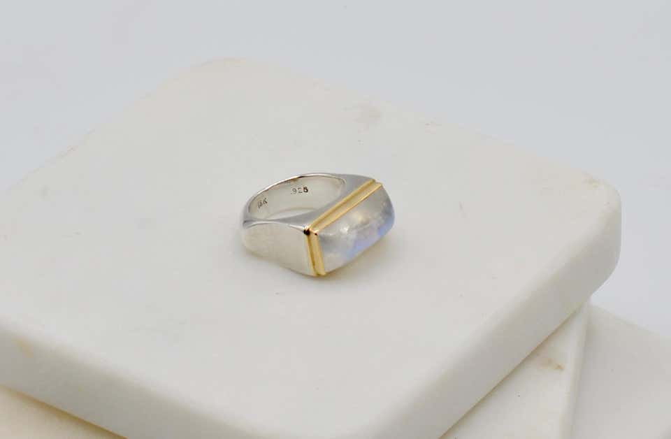 Moonstone Cabochon Bar Set in 18 Karat with Sterling Silver Ring