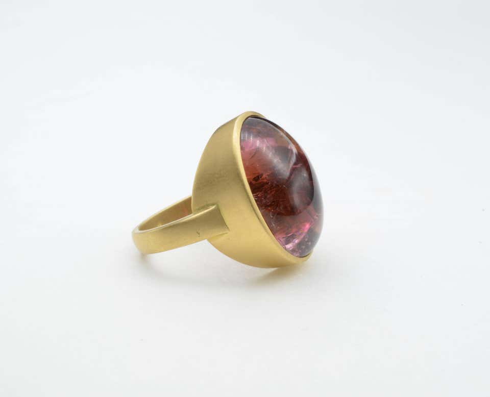 Large Cabochon Rubelite Tourmaline and 18 Karat Gold Ring